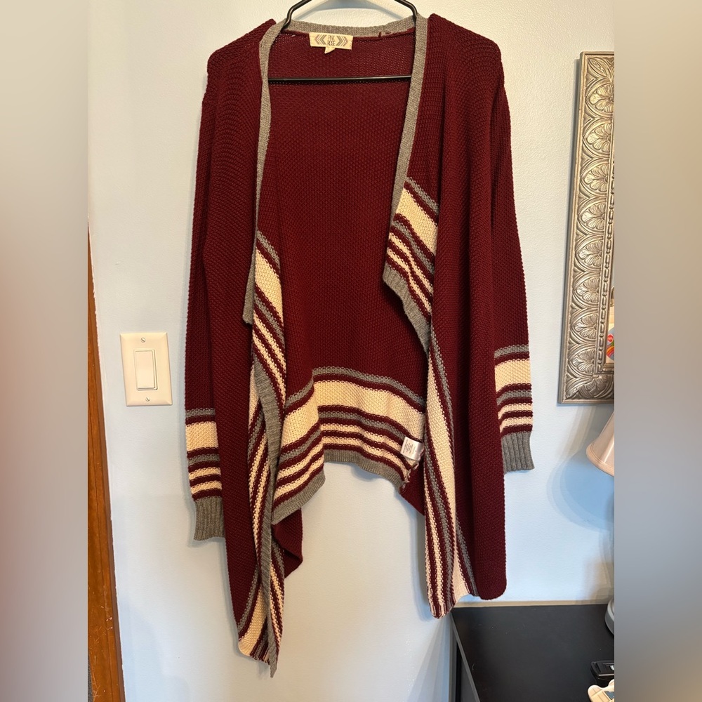 Pink Rose Maroon Cardigan with Gray and Cream Accents